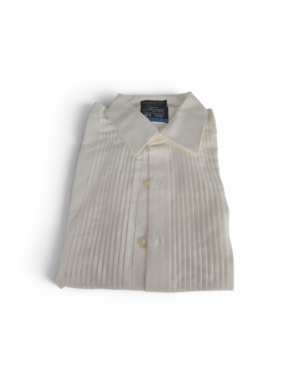 FORMAL SHIRTS FITTED IVORY MICROFIBER LAY DOWN COLLAR PLEATED TUXEDO SHIRT.